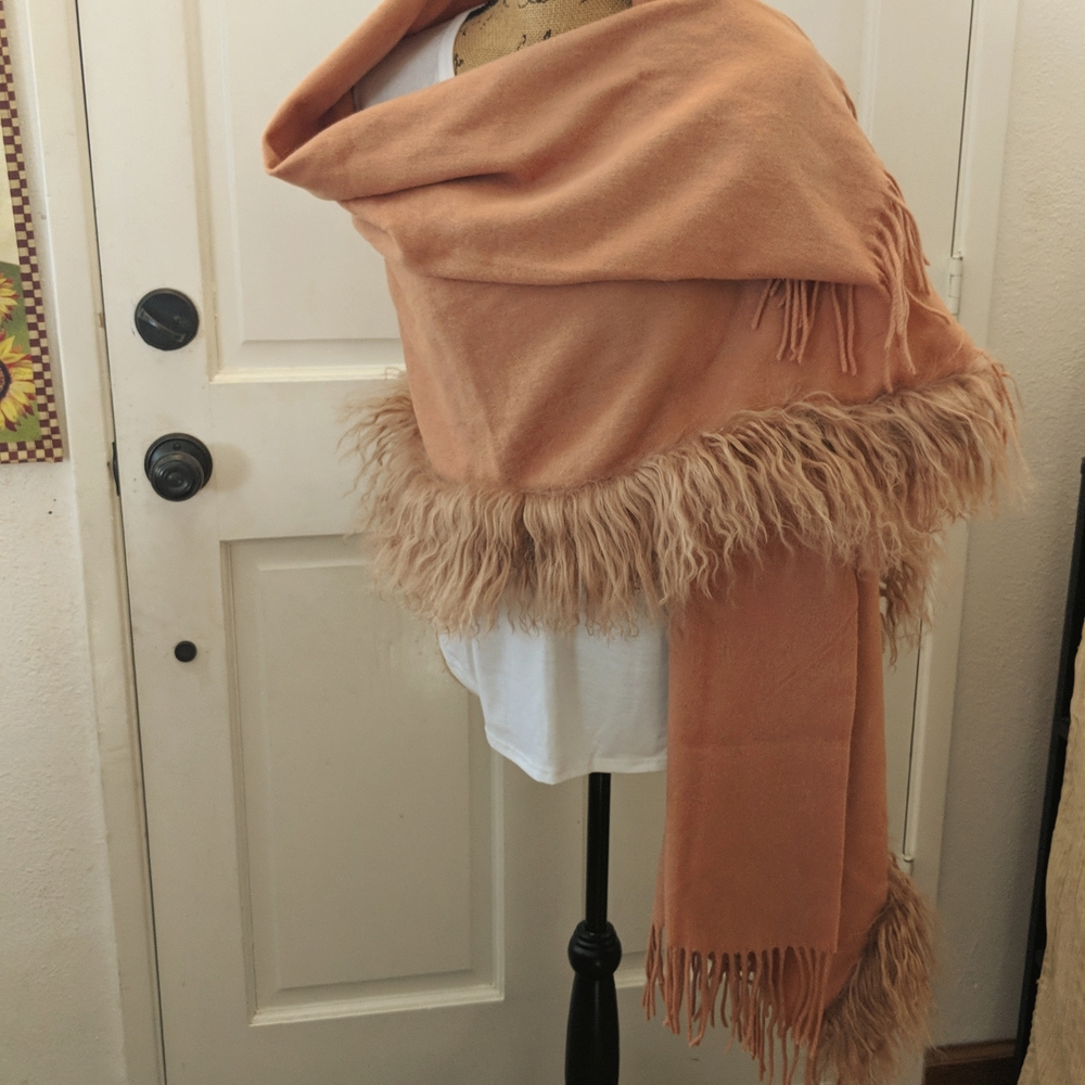 Vintage Rong Jia Cashmere Orange/Pinkish, Fur, Fringe Wrap.  73" x 31".